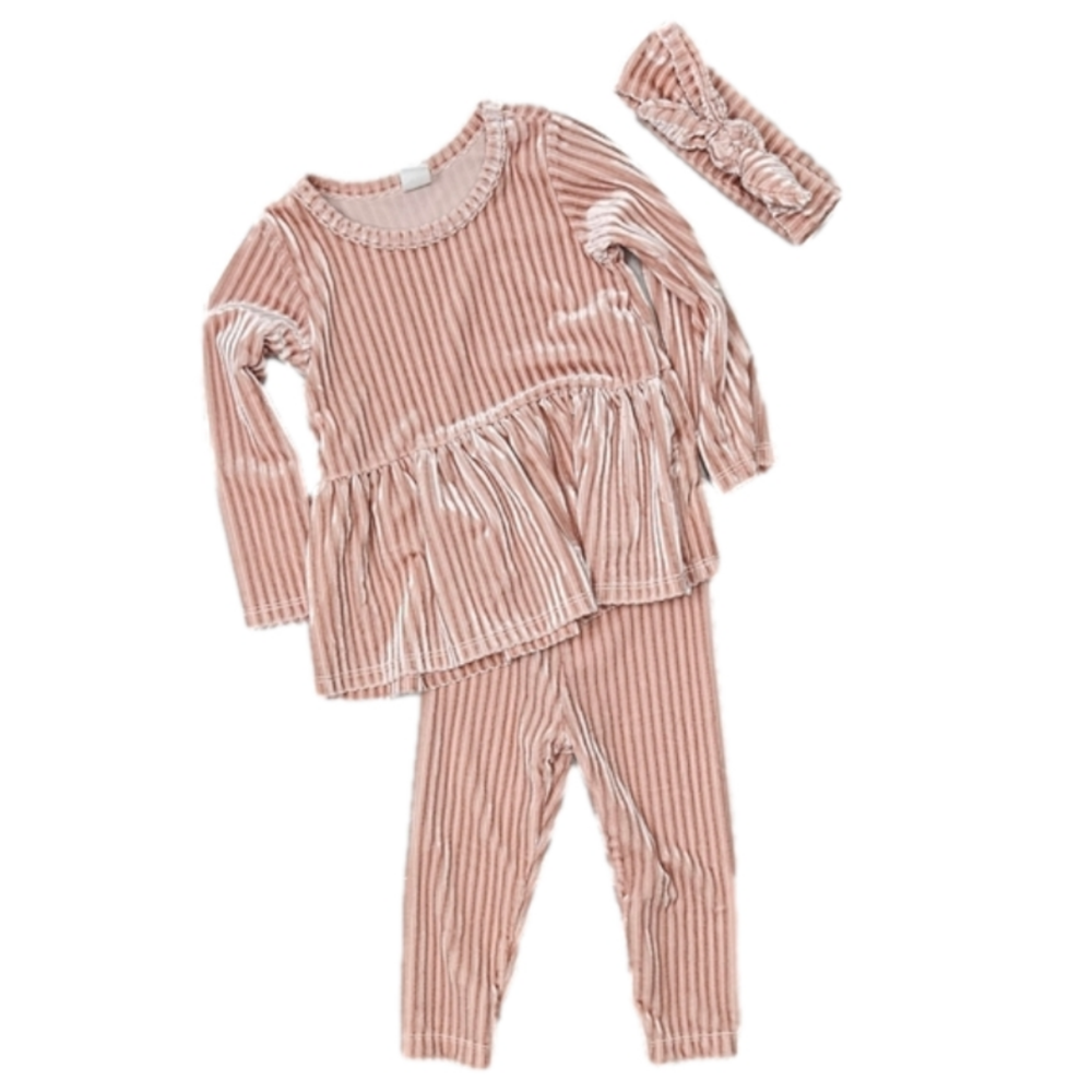 PL Baby Velour Ribbed Blush Pink 3 piece peplum long sleeve top - size 18 months